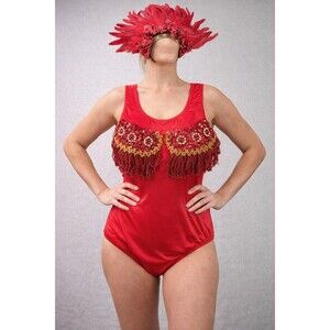 Red Sequin Fringe Leotard w/ Feather Headpiece Dance Costume Carnival Samba Xxl